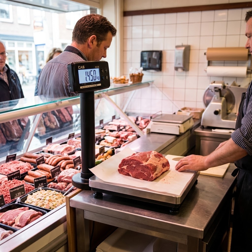 CAS PDI weegschaal op de toonbank van een slagerij