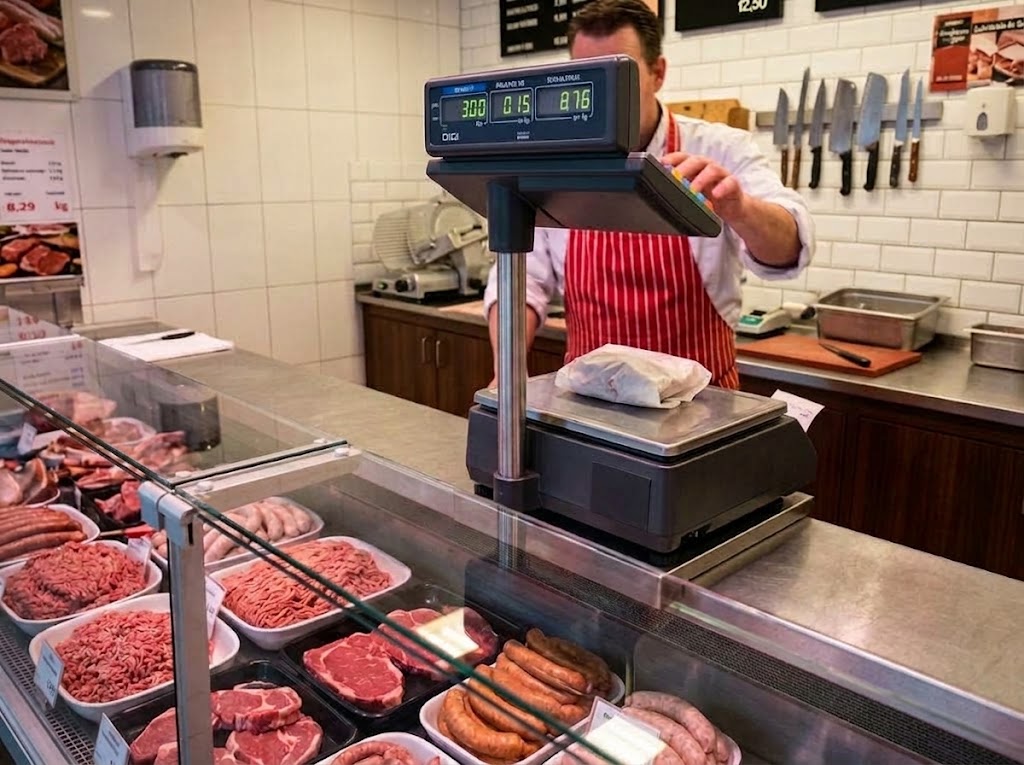 DIGI SM-120EV met etiket in gebruik bij een slagerij